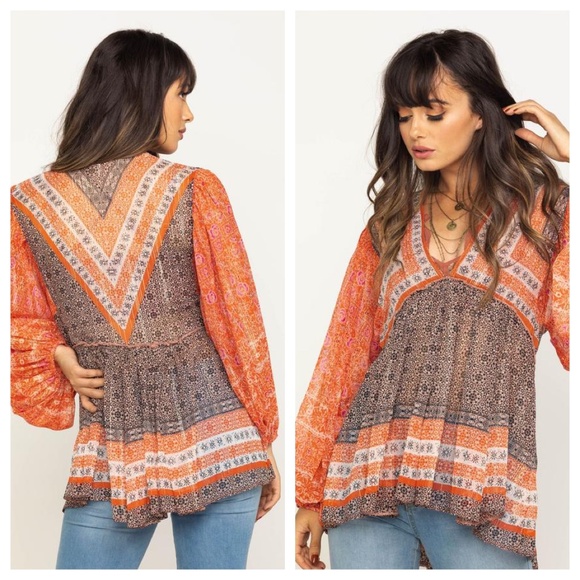 Free People Tops - NEW Free People Aliyah Print Tunic Orange/Black